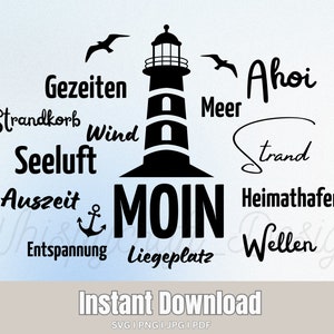 May include: Black and white graphic design featuring a lighthouse with the German word "MOIN" in the center. Surrounding the lighthouse are German words related to the sea, such as "Seeluft" (Sea air), "Strand" (Beach), and "Gezeiten" (Tides).