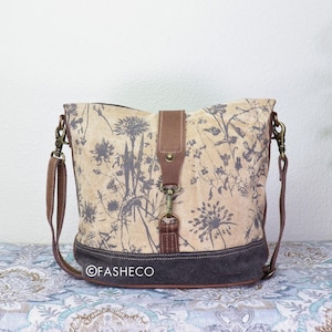 Crossbody Purse | Large Upcycled Canvas Bag | Floral Cute Casual Gift for Women Girls | Adjust to Shoulder Bag | Myra Bag x FASHECO