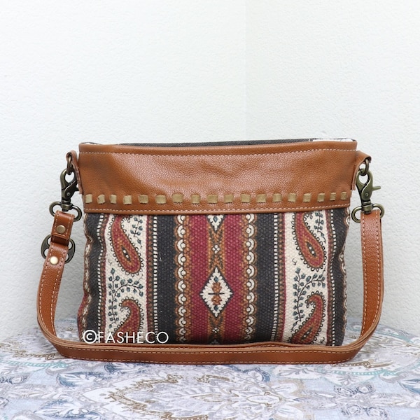 Spacious Paisley Crossbody Rug and Canvas with Rich Leather Accents | Cute Gift for Her | Myra Bag x FASHECO