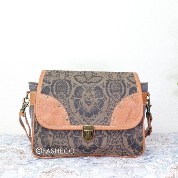 Vintage Black Canvas and Leather Purse | Women's Messenger | Shoulder Bag with Flower Design | Myra Bag x FASHECO