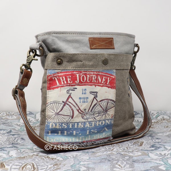 Vintage Bicycle "Life Is A Beautiful..." Print Crossbody Medium | Shoulder Bag  Adjustable | Canvas Travel Bag Cute Gift for Her Girls Women