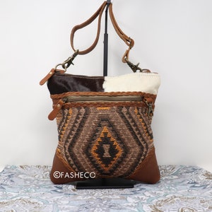 Braided Leather Aztec Crossbody Cowhide Bag | Medium - Minimalist Size Western Canvas Purse | Adjust to Shoulder Bag | Myra Bag x FASHECO