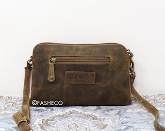 RFID Blocking Clutch Crossbody Genuine Distressed Brown Leather Small Size Big Pockets