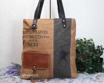 Large STAR Tote Bag for Day Trips and Travel Bag | Vintage Black and Brown Leather Accents | Smooth Sturdy Canvas | Myra Bag x FASHECO