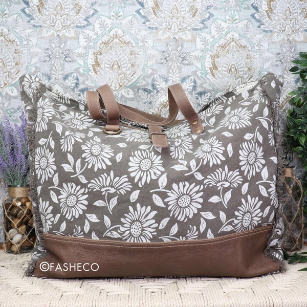 Weekender Bag | Women's Extra Large Canvas Tote | Best Handbag for Getaways | Upcycled Handmade Floral Design | Myra Bag x FASHECO~