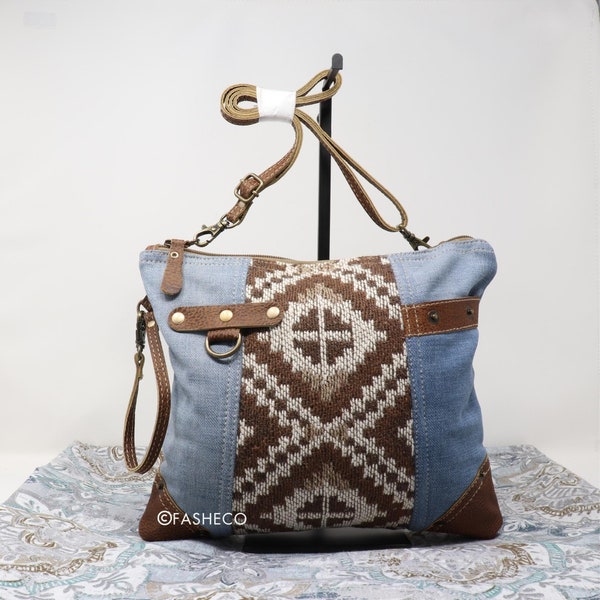 Western Denim Crossbody, Medium Aztec Bag with Zipper, and Cute Gift for Women | Myra Bag x FASHECO |