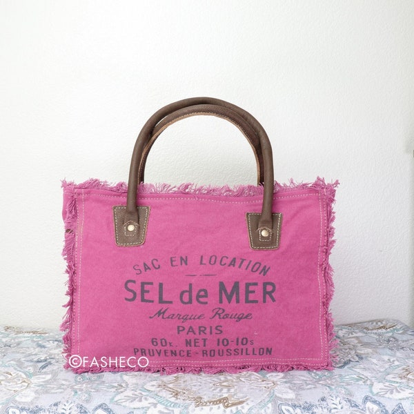 Sel De Mer Vintage Canvas Handbag | Berry Pink Color | Leather Handles | Purse Gift | Upcycled Handmade Accessories | ~Myra Bag x FASHECO~