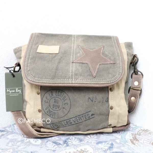 Vintage STAR Leder Umhängetasche Canvas Geldbörse für Damen | Schultertasche verstellbar | Upcycling handgefertigte Modeaccessoires | Myra Bag x FASHECO