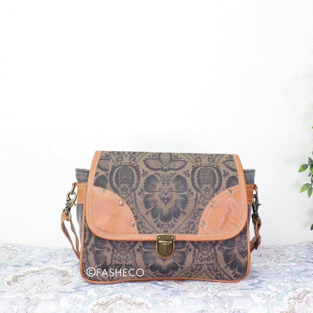 Vintage black canvas and leather purse women s messenger shoulder bag
