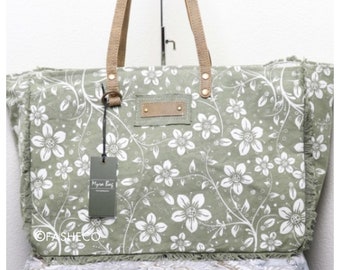 Myra Bag Weekender | Overnight Bag for Women | Green & Floral | Large Canvas Tote | Multi-use Travel, Grocery, Purse | Cute Gift | FASHECO