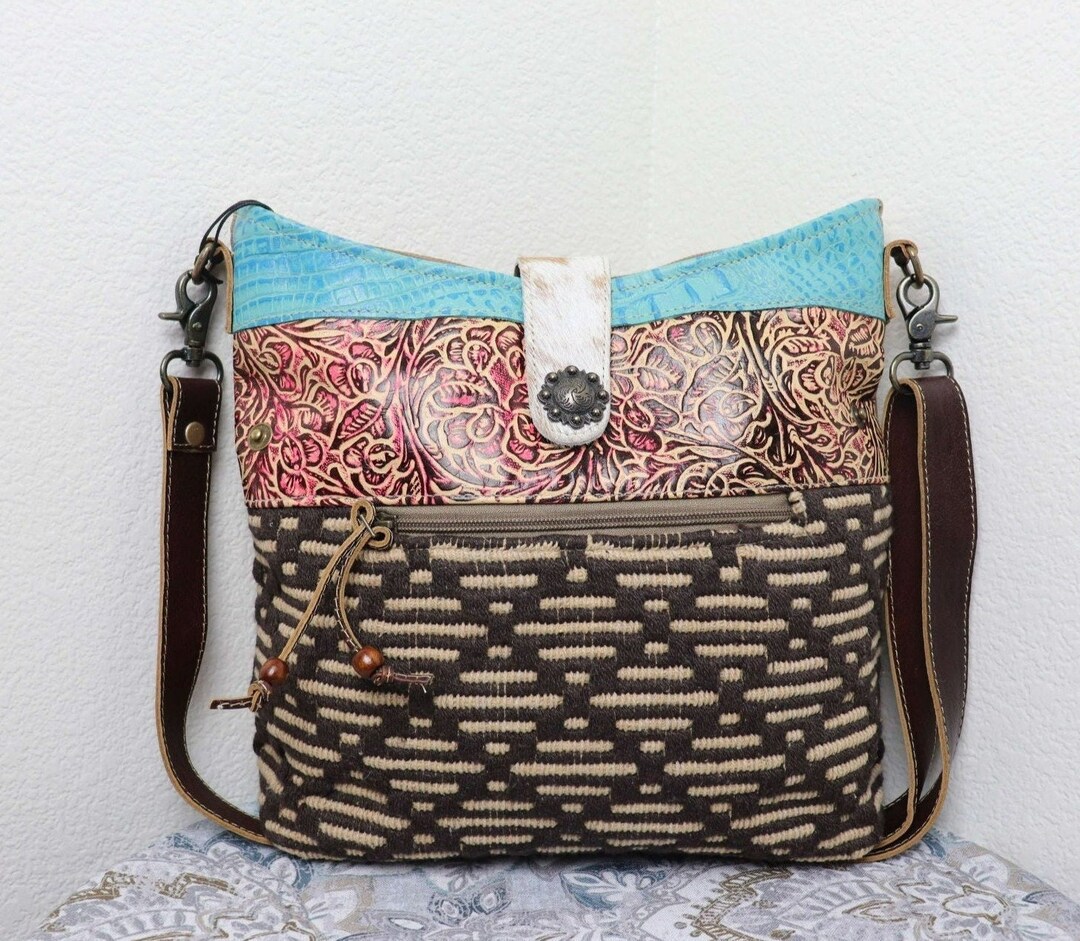 Myra Bag Lady's First Love Upcycled Leather Bag - Multicolor Crazy Horse Leather Crossbody (13" X 11" X 4")