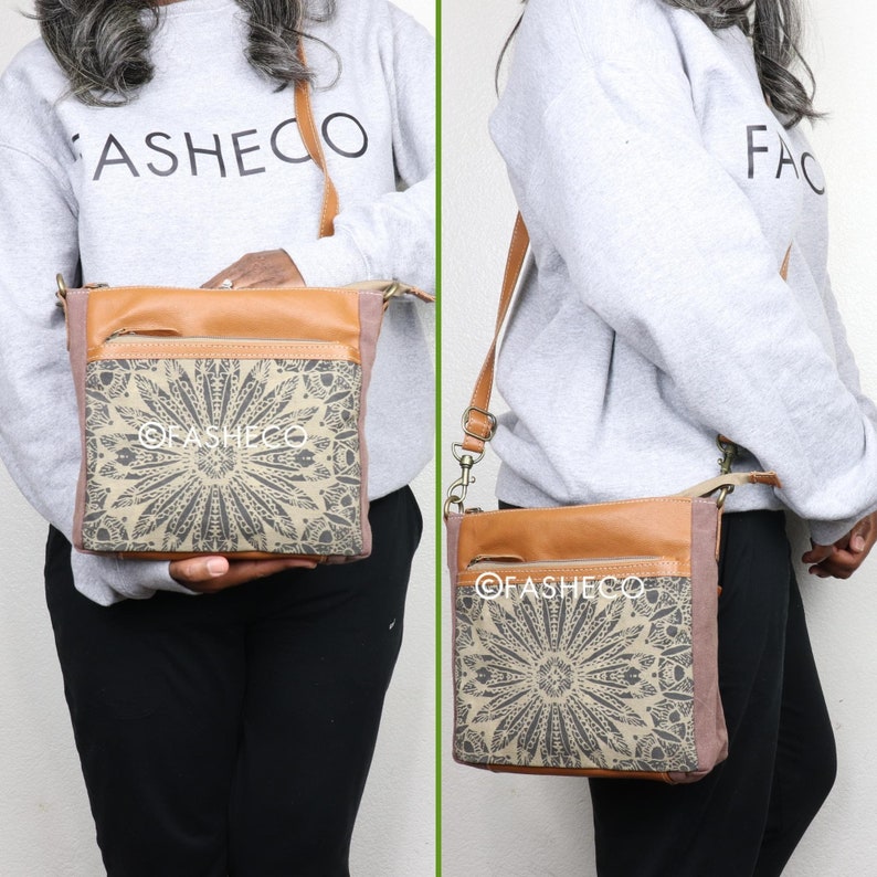 Canvas & Leather Crossbody Purse, Medium Size, Handbag Accessory, Cute Best Gifts for Her, Hobo Shoulder Bag Adjustable, Myra Bag x FASHECO image 2