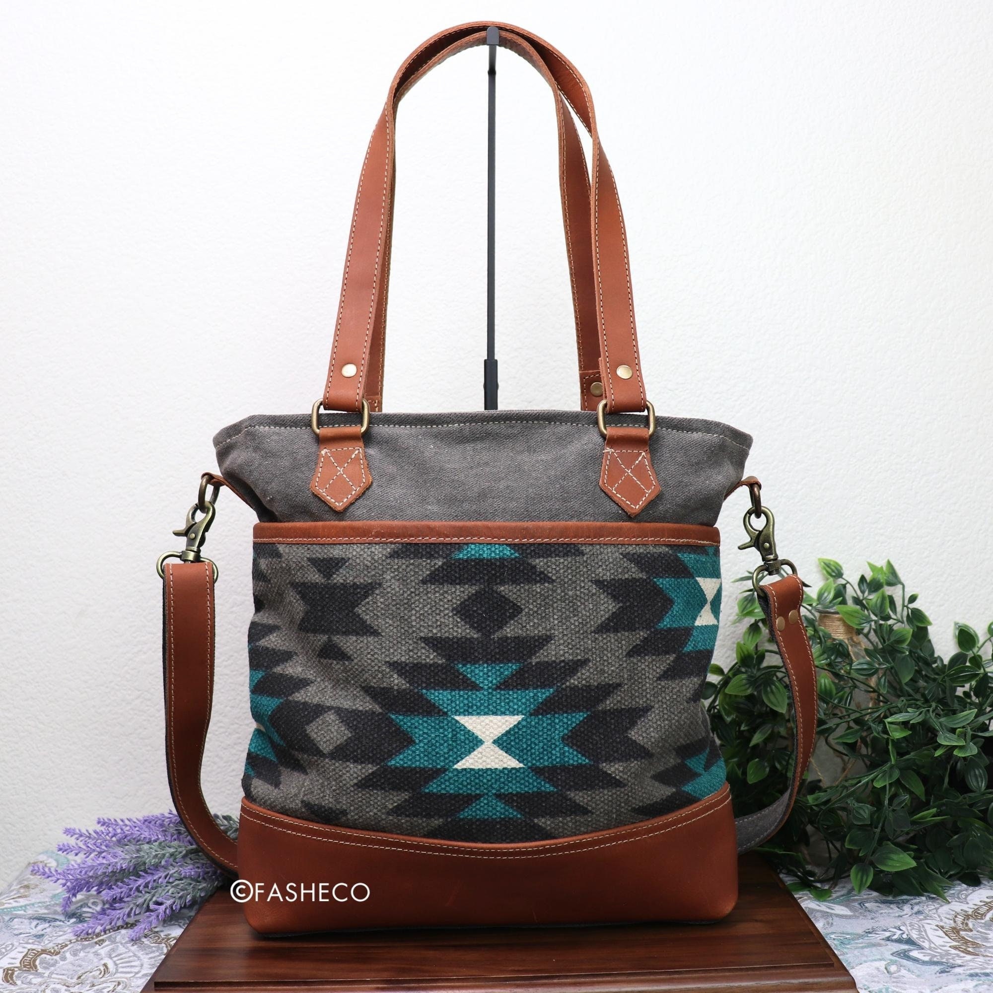 Aztec Tapestry Vegan Leather Studded Tote Bag with Compartments