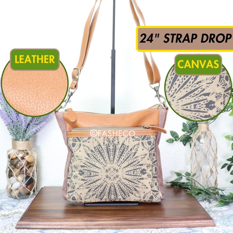 Canvas & Leather Crossbody Purse, Medium Size, Handbag Accessory, Cute Best Gifts for Her, Hobo Shoulder Bag Adjustable, Myra Bag x FASHECO image 3