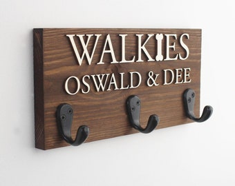 Personalised Walkie's Wooden Dog Lead Hook Sign with Raised Natural Wood Wording, Three or Five Hook Option, Pet Gift, Furry Friend