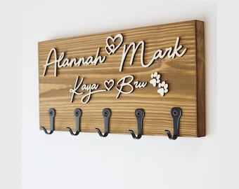 Personalised Wooden Key Holder with Hooks – Family Name, His & Hers or 'Keys', New Home or Couple Gift, Wall Mounted