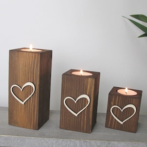 Wooden Trio of Tea Light Holders with Raised Love Heart Design, all made from natural timber