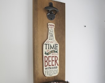 Wall Mounted Wooden Bottle Opener with Catcher, Gifts for Dad/Grandad, Bar, Man Cave, Christmas present for Men