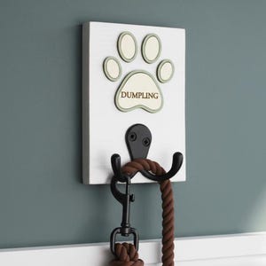 Personalised Peacock Double Hook Dog Lead Holder with Coloured Paw Surround