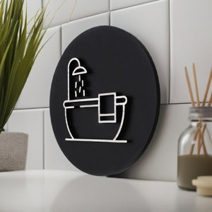 Letrero para puerta de baño en acrílico negro mate con diseño de bañera elevada, disponible en oro, plata, diseño con efecto madera, puerta de baño.