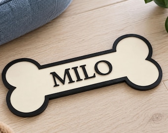 Personalised Dog Bone Name Sign – Raised Black Wooden Letters – Pet Wall Decor Gift