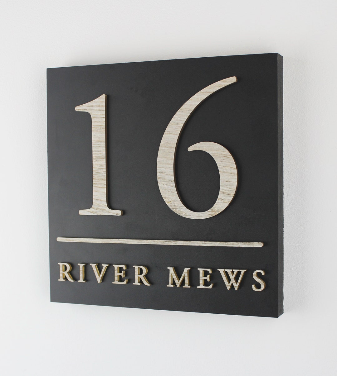Square Matt Black House Sign With Wood Effect Number, a Dividing Line