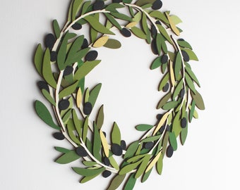 Hand painted Wooden Layered  Olive Wreath, Greece Lovers, Housewarming Gift, Wall Decor, Greek Islands.