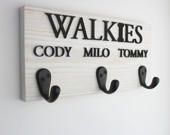 Personalised Walkie's Wooden Dog Hook Sign with Raised Black Wording, Three or Five Hook Option, Pet Gift, Furry Friend
