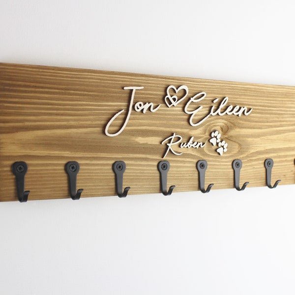 Large Key Holder with Eight Hooks, Keys or Fully Personalisable, New Home, Couples Gift, Family Name.