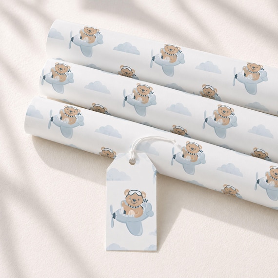 Teddy Bear Aeroplane Wrapping Paper, New Baby Gift Wrap, Thick 140gsm Large 50x85cm Sheets or 2m Roll with Matching Gift Tags