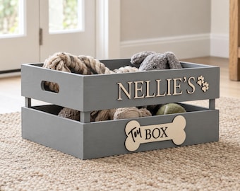 Personalised Wooden Dog Toy Box | Custom Name, Paw Prints, Bone (Choice of Colour, Font)