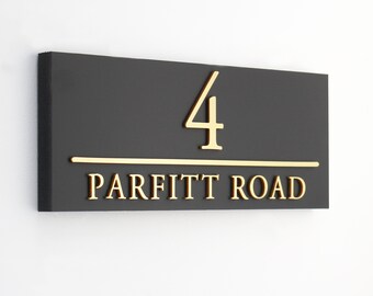 House Sign in Matt Black with Parallel Line and the Choice of Gold, Silver or Wood Effect Raised Lettering, New Home gift, Curb Appeal.