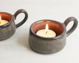 Stoneware Glazed  Tea Cup Tea-light Holder, Pottery Home Decor, Rustic Deco, Various Colours