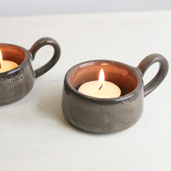 Stoneware Glazed  Tea Cup Tea-light Holder, Pottery Home Decor, Rustic Deco, in a Choice of Tawny, Grey and Winter White