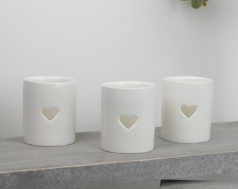 Trio of Fine Ceramic White Tea light Holders with Small Heart Cut Out Design, Home Decor, Cosy Home, Gift For Her, Housewarming Gift.