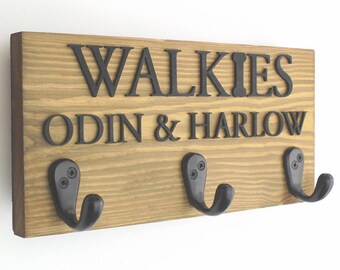 Personalised Wooden Dog Lead Hook Sign: Raised Black Wording, Pet Gift