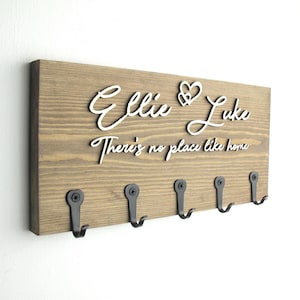 Personalised Wooden Key Holder with Hooks – Family Name, His & Hers or 'Keys', New Home or Couple Gift, Wall Mounted Walnut