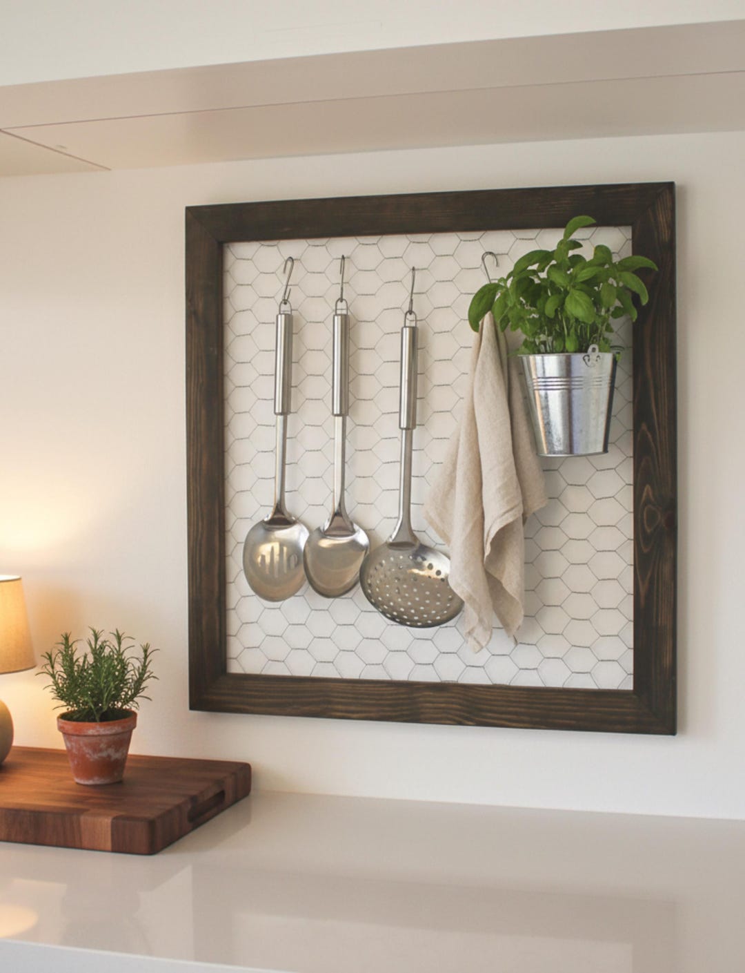 French Rustic Kitchen Utensil Organiser: Chicken Wire Decor With Tin ...