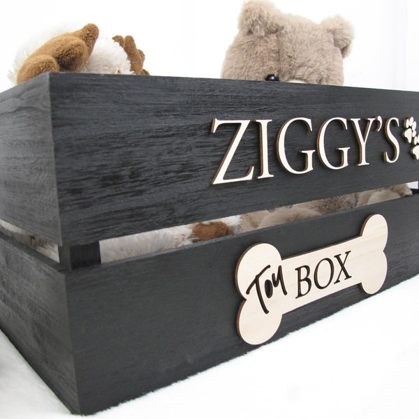 Grande boîte de rangement noire pour jouets pour chien avec motif en relief personnalisé avec le nom de votre animal de compagnie, caisse à jouets, cadeau pour les amoureux des animaux de compagnie