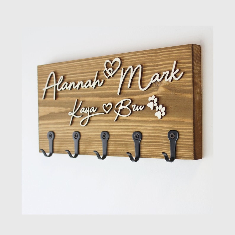 Personalised Wooden Key Holder with Hooks – Family Name, His & Hers or 'Keys', New Home or Couple Gift, Wall Mounted image 1