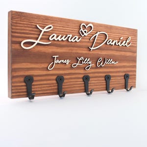 Personalised Wooden Key Holder with Hooks – Family Name, His & Hers or 'Keys', New Home or Couple Gift, Wall Mounted Rosewood