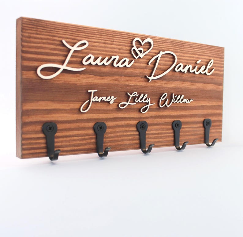 Personalised Wooden Key Holder with Hooks – Family Name, His & Hers or 'Keys', New Home or Couple Gift, Wall Mounted Rosewood