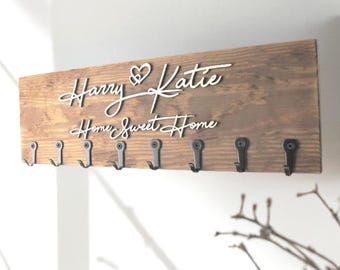 Large Key Holder with Eight Hooks, Keys or Fully Personalisable, New Home, Couples Gift, Family Name.