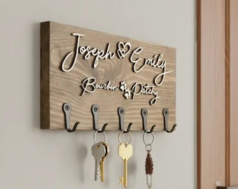 Personalised Wooden Key Holder with Hooks – Family Name, His & Hers or 'Keys', New Home or Couple Gift, Wall Mounted