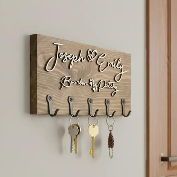 Personalised Wooden Key Holder with Hooks – Family Name, His & Hers or 'Keys', New Home or Couple Gift, Wall Mounted