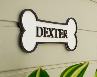 Personalised Dog Bone Name Sign – Raised Black Wooden Letters – Pet Wall Decor Gift