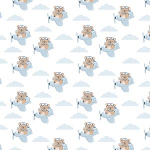 May include: A repeating pattern on a white background featuring light brown teddy bears wearing white aviator goggles and blue striped scarves, each piloting a light blue airplane, interspersed with light blue clouds throughout the design.