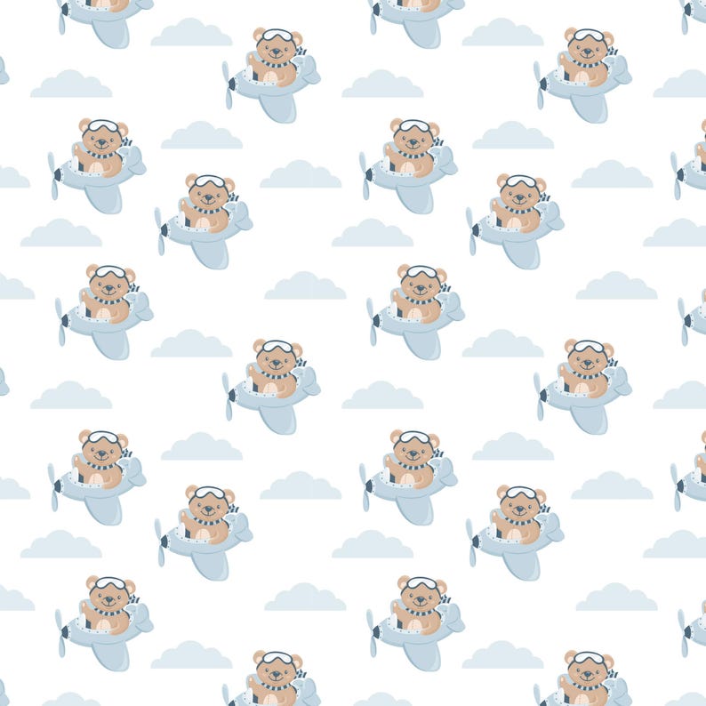 May include: A repeating pattern on a white background featuring light brown teddy bears wearing white aviator goggles and blue striped scarves, each piloting a light blue airplane, interspersed with light blue clouds throughout the design.