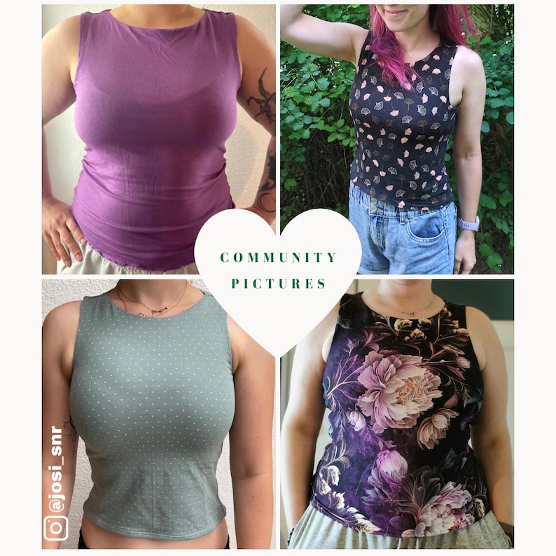 May include: A collage of four sleeveless tops in various colors and patterns. The tops include a solid purple, a black top with a floral pattern, a light green polka dot top, and a purple floral top. The text "COMMUNITY PICTURES" is in the center.