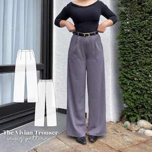 Könnte beinhalten: Ein Schnittmuster für eine weite Hose namens "The Vivian Trouser". Das Schnittmuster ist mit zwei weißen Umrissen der Hose auf weißem Hintergrund illustriert.